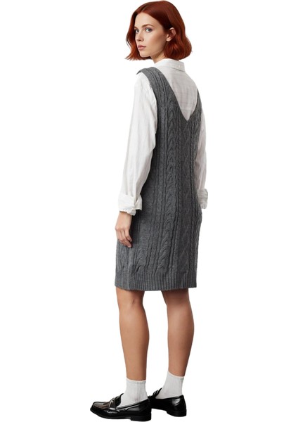 Kadın Antrasit Saç Örgü V Yaka Kolsuz Triko Jile Elbise Ilkbahar Sonbahar Günlük Şıklık Kaliteli fırsatları