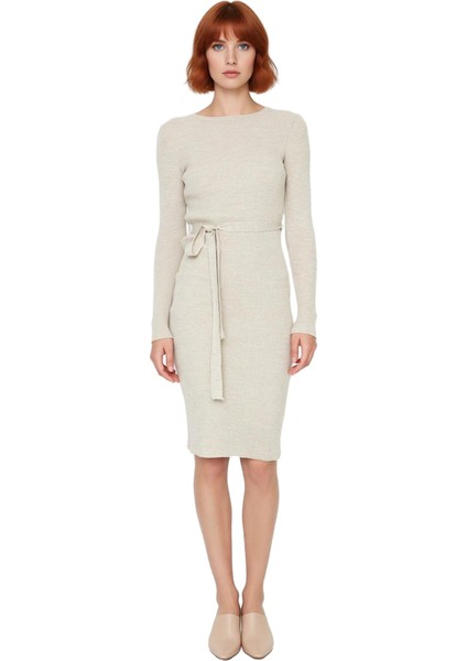 Kadın Kuşaklı Bodycon Triko Midi Elbise Bisiklet Yaka Uzun Standart Kollu Şık Ilkbahar Sonbahar modelleri