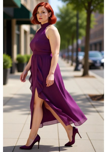 Kadınlar Için Özel Günler Maxi Boy Halter Yaka Şifon Elbise A Line Kesim Kolsuz Zarif Model modelleri