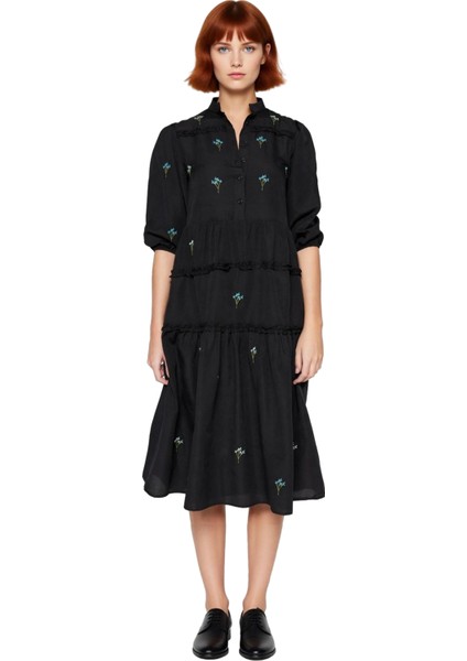 Kadın Truvakar Balon Kol Nakış Işlemeli Hakim Yaka Midi Boy Dokuma Elbise Ilkbahar Şıklığı fiyatları