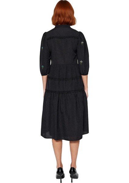 Kadın Truvakar Balon Kol Nakış Işlemeli Hakim Yaka Midi Boy Dokuma Elbise Ilkbahar Şıklığı modelleri