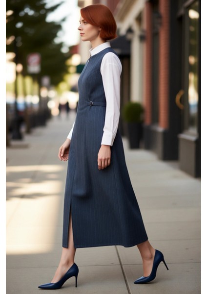 Kadın Tesettür Shift Kalıp Çizgili Kolsuz Maxi Elbise Fermuarlı Rahat Günlük Kombinlerin Anahtarı