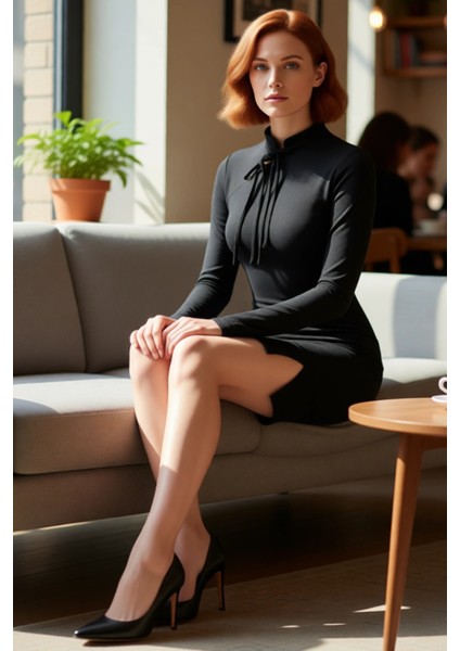 Kadın Uzun Kollu Bodycon Mini Elbise Dik Yaka Bağlama Detaylı Siyah Kışlık Şık Örme Tasarım