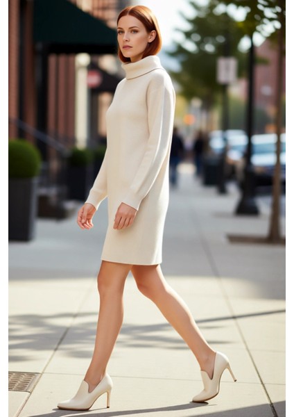 Kadınlar Için Düz Desen Balıkçı Yaka Uzun Kollu Shift Kalıp Akrilik Triko Mini Elbise Kış Sezonu modelleri