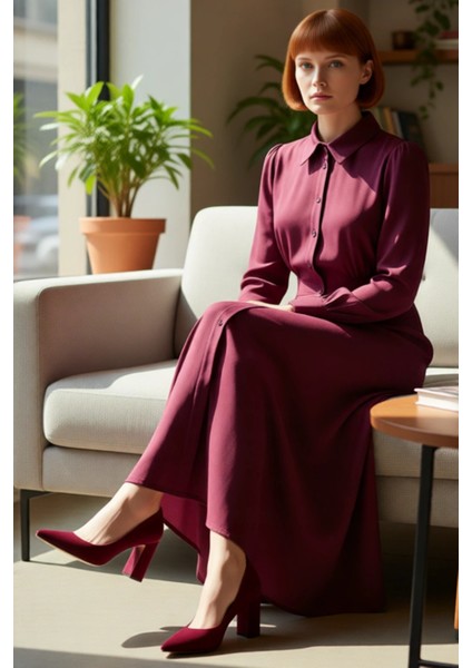 Kadın Skater Kalıp Gömlek Yaka Uzun Kollu Düz Desen Maxi Boy Viskoz Elbise Casual Günlük Kaliteli fiyatları