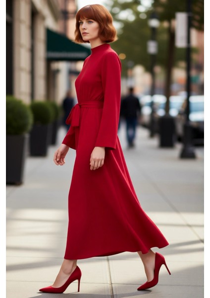 Kadın Haki Dik Yaka Kuşaklı Skater Dokuma Maxi Boy Elbise Uzun Ispanyol Kollu Günlük Şıklık