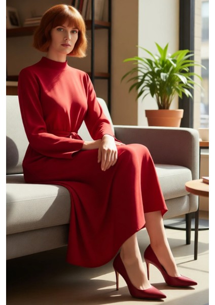 Kadın Haki Dik Yaka Kuşaklı Skater Dokuma Maxi Boy Elbise Uzun Ispanyol Kollu Günlük Şıklık fiyatları