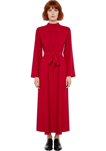 Kadın Haki Dik Yaka Kuşaklı Skater Dokuma Maxi Boy Elbise Uzun Ispanyol Kollu Günlük Şıklık modelleri