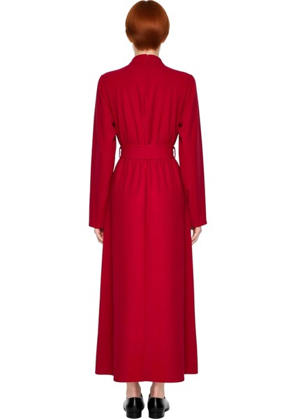 Kadın Haki Dik Yaka Kuşaklı Skater Dokuma Maxi Boy Elbise Uzun Ispanyol Kollu Günlük Şıklık fırsatları