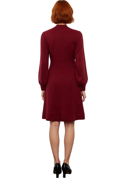 Kadınlar Için Bej Rengi A Kesim Balon Kol Dik Yaka Akrilik Triko Mini Elbise Kış Kombinleri. fırsatları