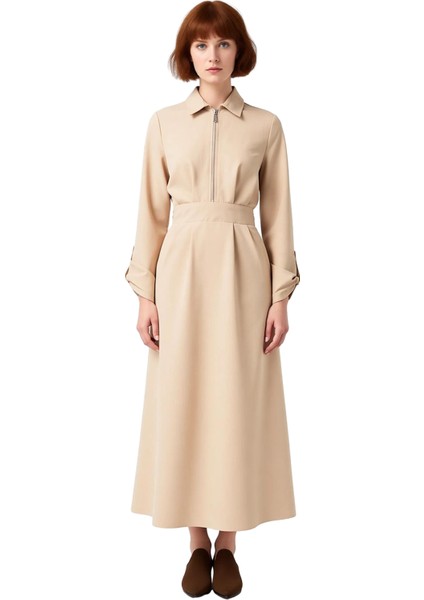 Kadın Fermuar Detaylı Gabardin A Line Maxi Elbise Gömlek Yaka Uzun Kol Kış Günlük Şıklık Kaliteli modelleri