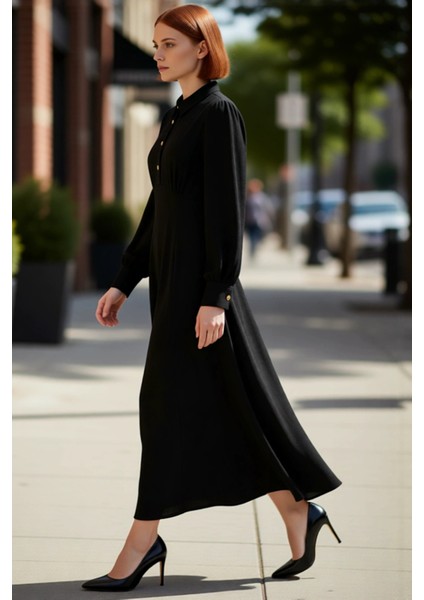 Kadın Gömlek Yaka Skater Kalıp Düz Desen Maxi Boy Uzun Kollu Dokuma Aerobin Elbise Kaliteli