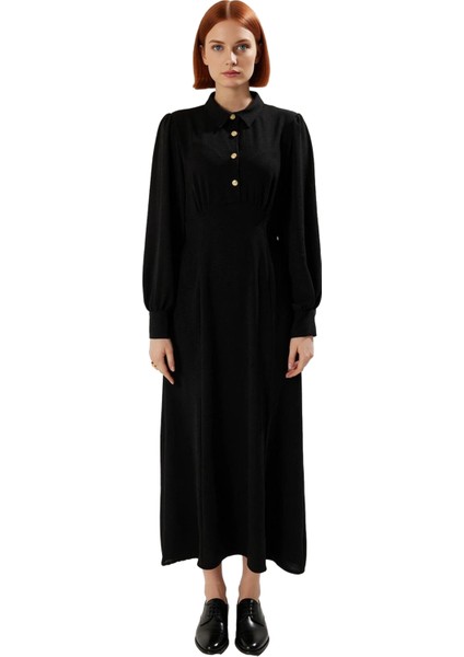 Kadın Gömlek Yaka Skater Kalıp Düz Desen Maxi Boy Uzun Kollu Dokuma Aerobin Elbise Kaliteli modelleri