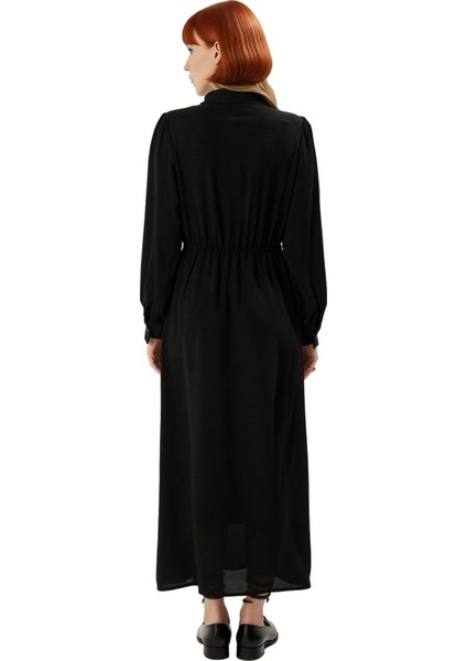 Kadın Gömlek Yaka Skater Kalıp Düz Desen Maxi Boy Uzun Kollu Dokuma Aerobin Elbise Kaliteli fırsatları