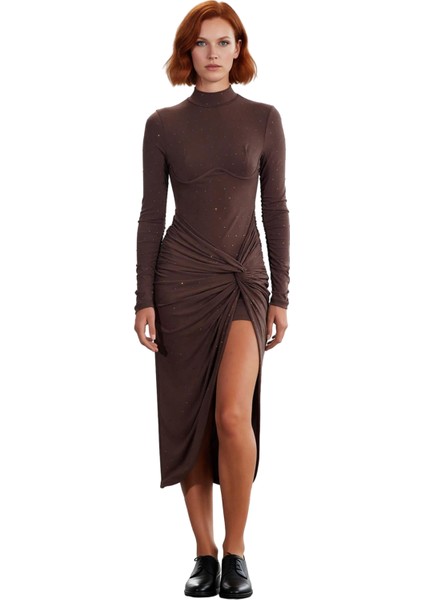 Kadın Kruvaze Siluet Taş Baskılı Örme Maxi Uzun Kollu Şık Dik Yaka Abiye Elbise Kış Kombinleri Için modelleri