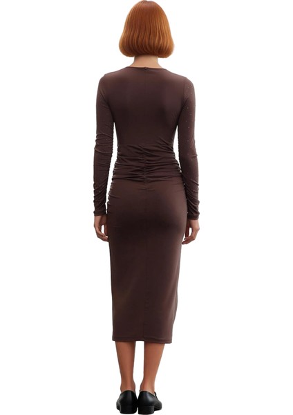 Kadın Kruvaze Siluet Taş Baskılı Örme Maxi Uzun Kollu Şık Dik Yaka Abiye Elbise Kış Kombinleri Için fırsatları