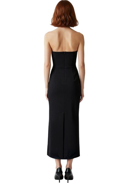 Kadın Vücudu Saran Bodycon Midi Elbise Kalın Askılı Kare Yaka Taş Detaylı Şık Gece Kokteyl fırsatları