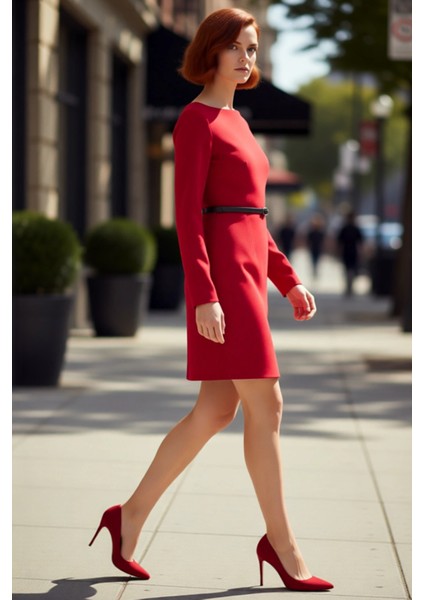 Kadın Kemerli A Kesim Kayık Yaka Uzun Kollu Dokuma Mini Elbise Modern Iş ve Günlük Kombinler Için modelleri