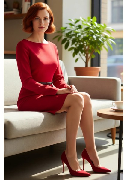 Kadın Kemerli A Kesim Kayık Yaka Uzun Kollu Dokuma Mini Elbise Modern Iş ve Günlük Kombinler Için fırsatları