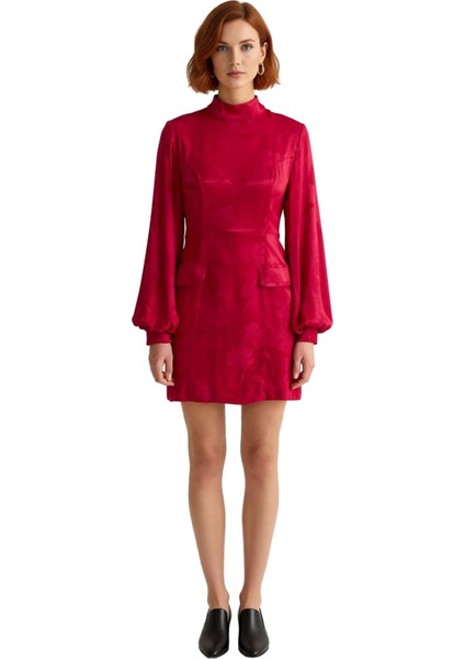 Kadın Mini A Kesim Dokuma Elbise Dik Yakalı Balon Kol Detaylı Şık Kışlık Gündüz Gece Kaliteli