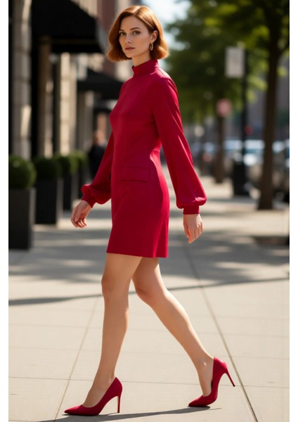 Kadın Mini A Kesim Dokuma Elbise Dik Yakalı Balon Kol Detaylı Şık Kışlık Gündüz Gece Kaliteli modelleri
