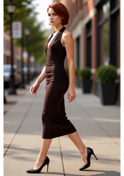 Kadın Özel Davetler Için Boyundan Bağlamalı Midi Kolsuz Bodycon Örme Şık Elbise Aksesuarlı fırsatları