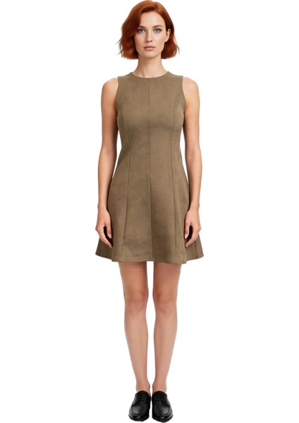 Kadın Nervür Detaylı Haki Rengi Düz Süet Dokuma Skater Kalıp Kolsuz Mini Elbise Kaliteli Şık