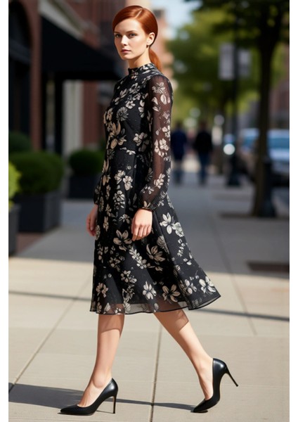 Kadın Şal Desenli Astarlı Volanlı Şifon Midi Elbise Dik Yaka Uzun Balon Kollu A Kesim Kaliteli