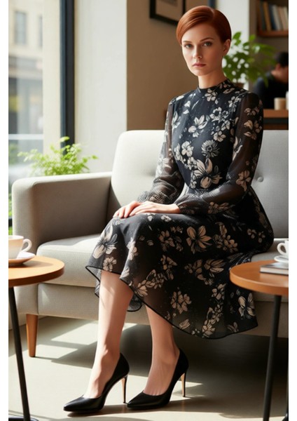 Kadın Şal Desenli Astarlı Volanlı Şifon Midi Elbise Dik Yaka Uzun Balon Kollu A Kesim Kaliteli fiyatları