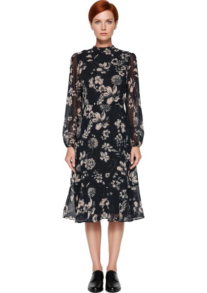 Kadın Şal Desenli Astarlı Volanlı Şifon Midi Elbise Dik Yaka Uzun Balon Kollu A Kesim Kaliteli modelleri