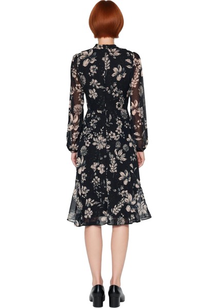 Kadın Şal Desenli Astarlı Volanlı Şifon Midi Elbise Dik Yaka Uzun Balon Kollu A Kesim Kaliteli fırsatları