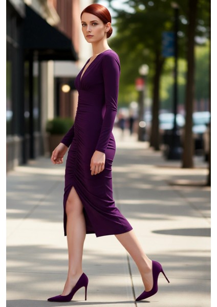 Kadın Vücuda Oturan Uzun Kollu Düz Drapeli Midi Örme Elbise Şık Gündüz Gece Kombinleri Için Ideal