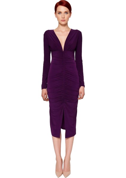 Kadın Vücuda Oturan Uzun Kollu Düz Drapeli Midi Örme Elbise Şık Gündüz Gece Kombinleri Için Ideal modelleri