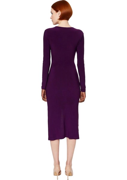 Kadın Vücuda Oturan Uzun Kollu Düz Drapeli Midi Örme Elbise Şık Gündüz Gece Kombinleri Için Ideal fırsatları