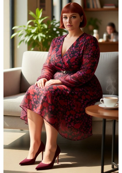 Kadın Zarif Çiçekli Kruvaze Midi Elbise Şifon Dokuma Kemerli V Yaka Balon Kol Ilkbahar Sonbahar fiyatları