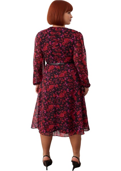 Kadın Zarif Çiçekli Kruvaze Midi Elbise Şifon Dokuma Kemerli V Yaka Balon Kol Ilkbahar Sonbahar fırsatları