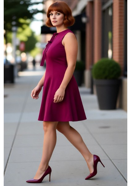 Kadın Büyük Beden A Line Fiyonk Detaylı Kolsuz Kısa Dokuma Elbise Ilkbahar Sonbahar Şıklığı