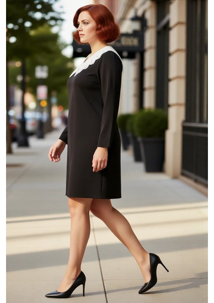Kadın Büyük Beden A Line Siyah Mini Elbise Bebe Yaka Uzun Kollu Rahat ve Şık Dokuma Tasarım