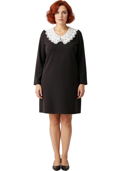 Kadın Büyük Beden A Line Siyah Mini Elbise Bebe Yaka Uzun Kollu Rahat ve Şık Dokuma Tasarım modelleri