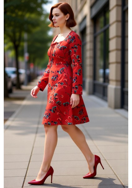 Kadın A Line Kalp Yaka Çiçekli Desenli Uzun Kollu Kısa Büyük Beden Dokuma Elbise Ilkbahar Sonbahar