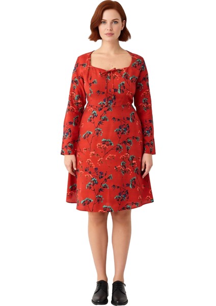 Kadın A Line Kalp Yaka Çiçekli Desenli Uzun Kollu Kısa Büyük Beden Dokuma Elbise Ilkbahar Sonbahar modelleri