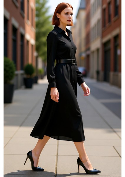 Kadın Siyah Viskoz Dokuma Midi Gömlek Elbise Kemerli Düğmeli Detayları ile Şık ve Rahat. Kaliteli