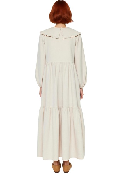 Kadın Keten Görünümlü Dokuma Maxi Elbise Bebe Yaka Balon Kol Nakış Detaylı Rahat Şık Tasarım fiyatları