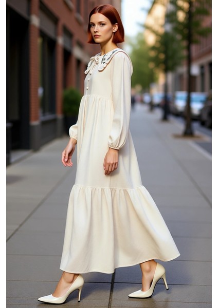 Kadın Keten Görünümlü Dokuma Maxi Elbise Bebe Yaka Balon Kol Nakış Detaylı Rahat Şık Tasarım modelleri