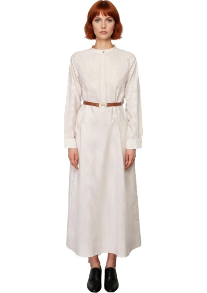 Kadın Çizgili Kemer Detaylı Dokuma Maxi Elbise Hakim Yaka Uzun Kollu A Line Kalıp Günlük Şıklık