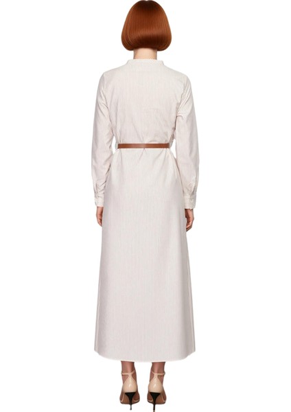 Kadın Çizgili Kemer Detaylı Dokuma Maxi Elbise Hakim Yaka Uzun Kollu A Line Kalıp Günlük Şıklık fiyatları
