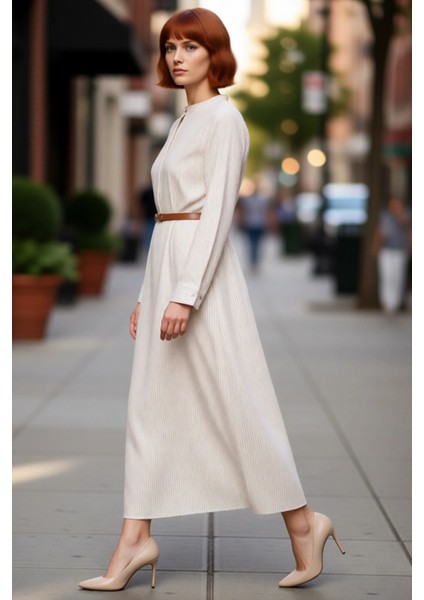 Kadın Çizgili Kemer Detaylı Dokuma Maxi Elbise Hakim Yaka Uzun Kollu A Line Kalıp Günlük Şıklık modelleri