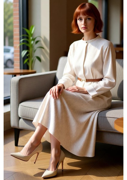 Kadın Çizgili Kemer Detaylı Dokuma Maxi Elbise Hakim Yaka Uzun Kollu A Line Kalıp Günlük Şıklık fırsatları