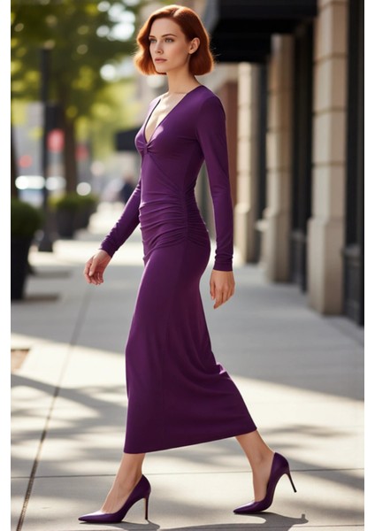 Kadınlar Için Bodycon Kesim V Yaka Büzgülü Astarlı Maxi Örme Elbise Şık Davetler Ideal