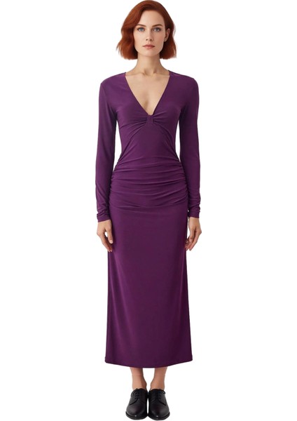 Kadınlar Için Bodycon Kesim V Yaka Büzgülü Astarlı Maxi Örme Elbise Şık Davetler Ideal modelleri